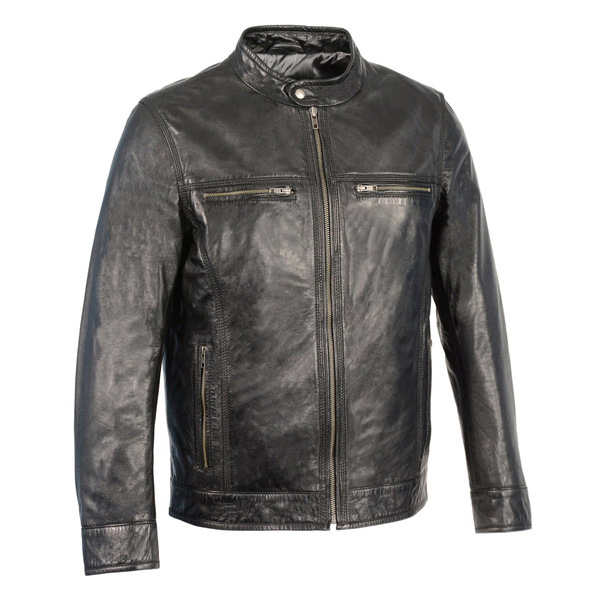 Men's classic black moto leather jacket with zipper front from HighwayLeather, featuring a sleek, fitted design.