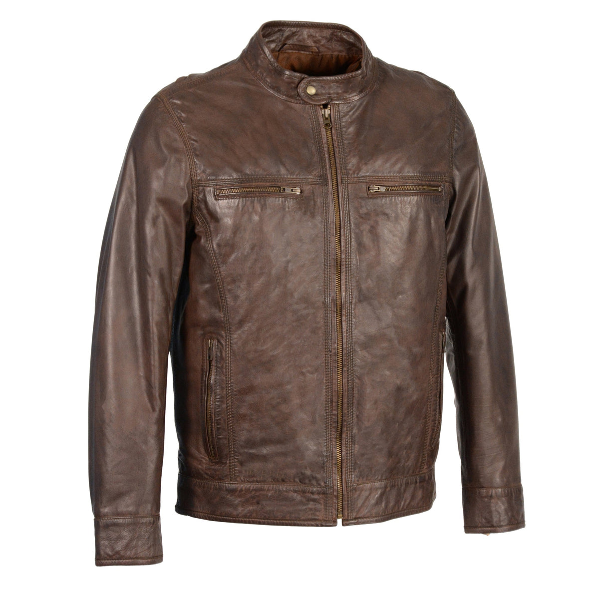 Men's classic brown leather motorcycle jacket with zipper front by HighwayLeather, featuring a sleek design and durable craftsmanship.