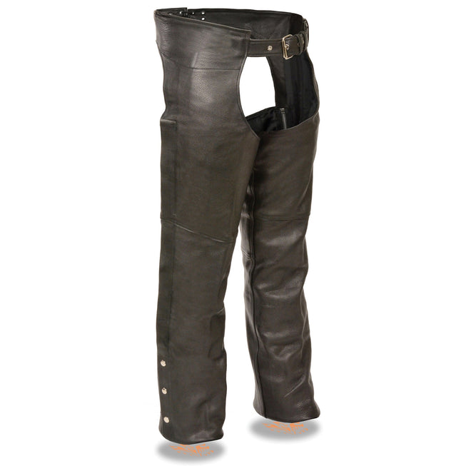 Men's fully lined classic chaps by HighwayLeather, showcasing durable leather material and detailed stitching.
