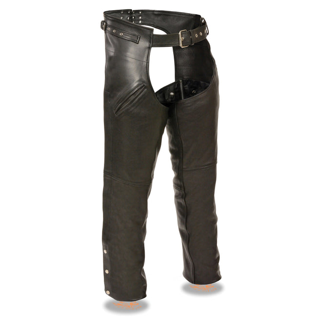 Men's HighwayLeather gun holster chaps with thigh pockets, durable leather riding chaps for men with practical storage.