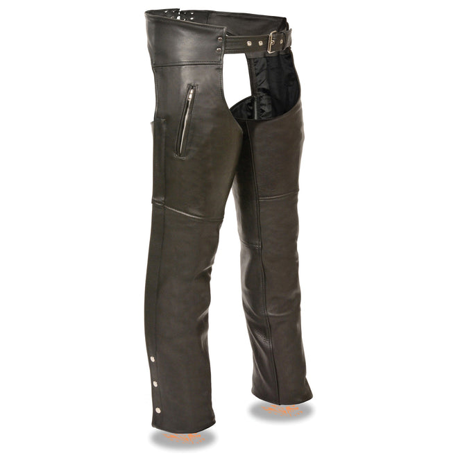 Men's HighwayLeather chaps with zippered thigh pockets, durable leather riding chaps for outdoor riding and protection.