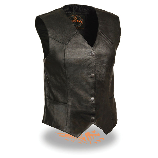 Black ladies classic four snap vest by HighwayLeather, featuring a tailored fit and snap button closures, designed for women.