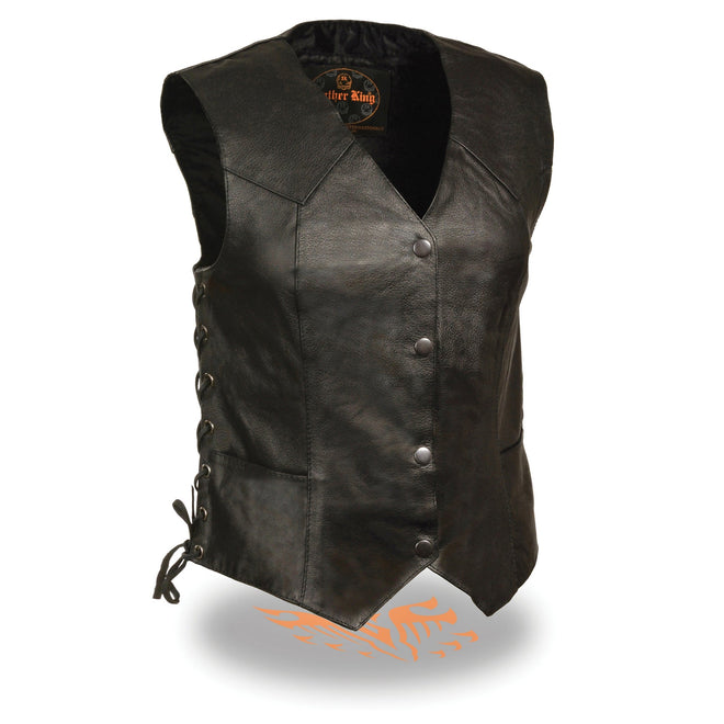 Ladies classic side lace four snap vest by HighwayLeather, black women’s vest with lace detailing and snap closures.