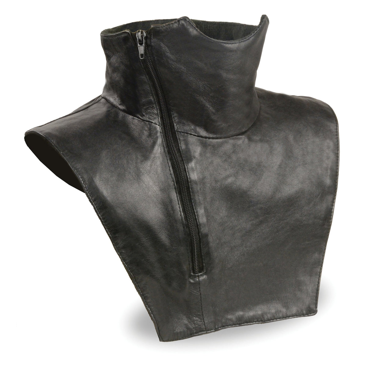 Unisex leather neck warmer by HighwayLeather with zipper closure and fleece lining, designed for warmth and comfort.