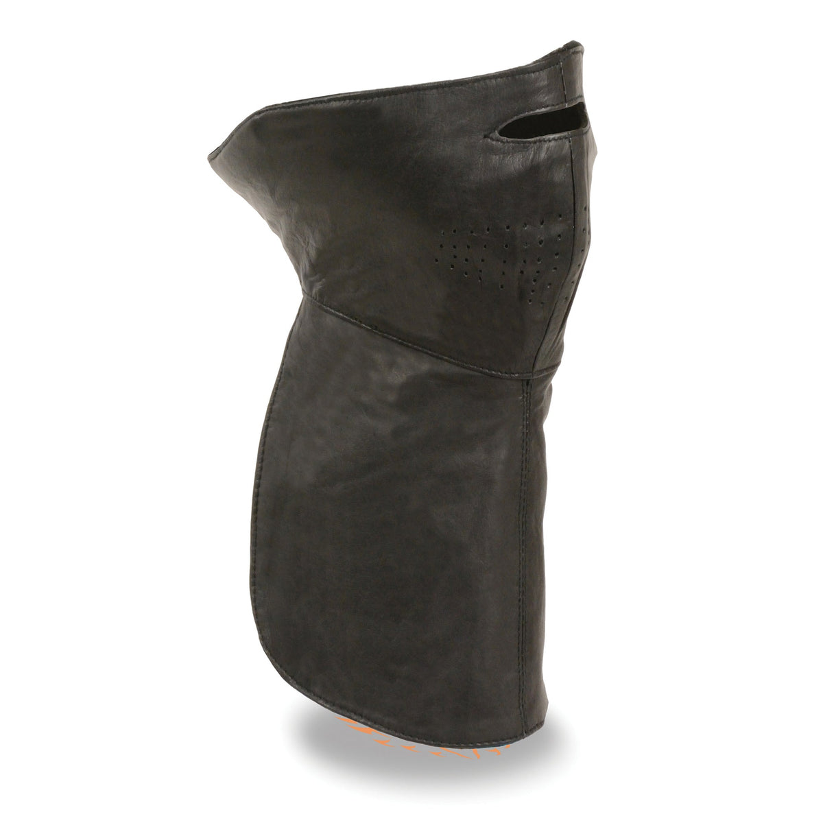 Unisex premium leather face and neck warmer with adjustable straps, shown in assorted styles by Dynamicleather.