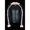 Pink ladies striped jacket with zip-out hoodie, HighwayLeather women's jacket featuring stylish stripe design and casual fit.