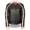 Ladies striped jacket with zip-out hoodie from HighwayLeather, featuring a stylish design and comfortable fit.