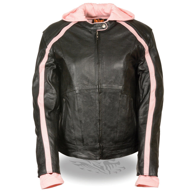 Ladies striped jacket with zip-out hoodie from HighwayLeather, featuring a stylish design and comfortable fit.