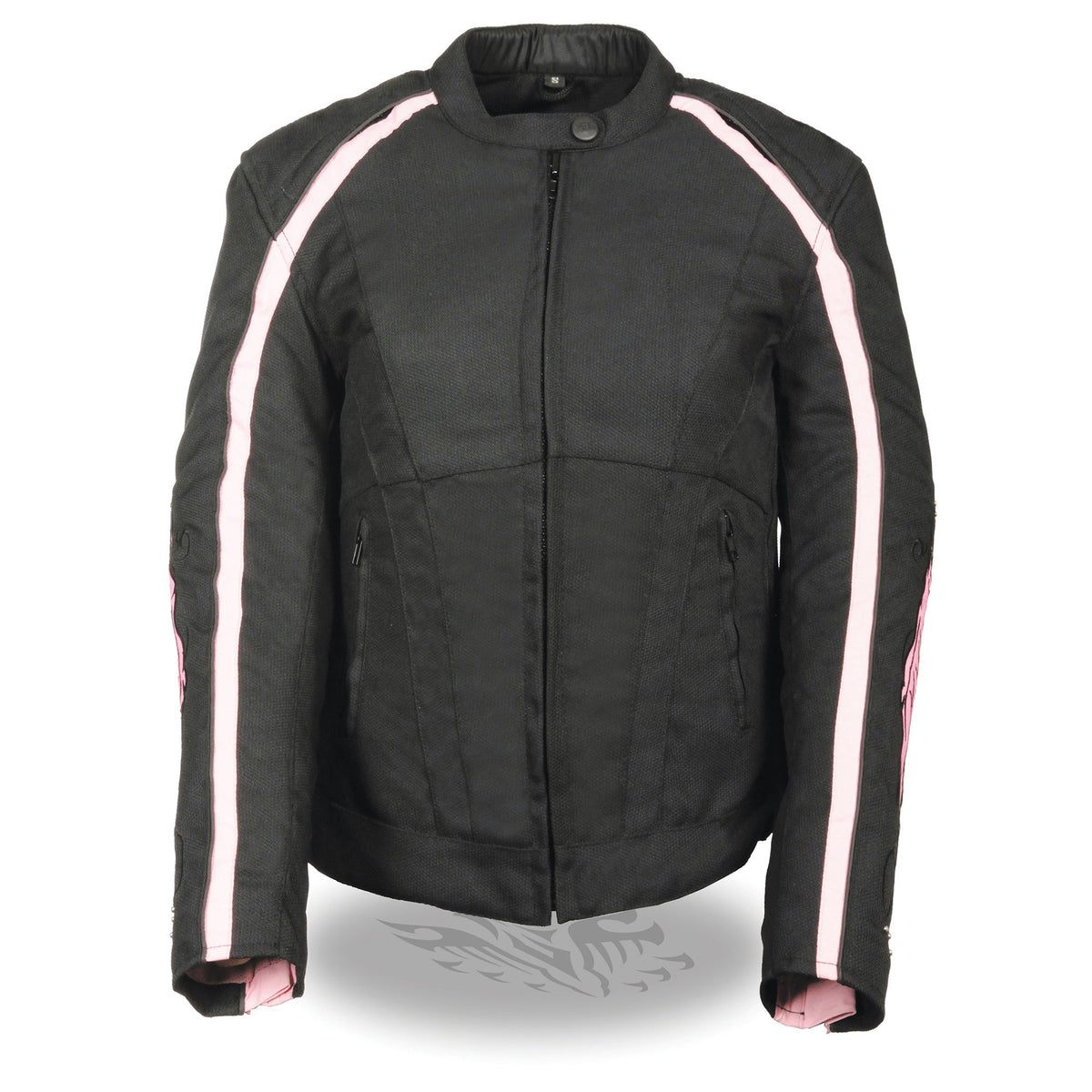 Women's textile jacket by Dynamicleather with stud and wing detailing, featuring a stylish, edgy design and pink accents.