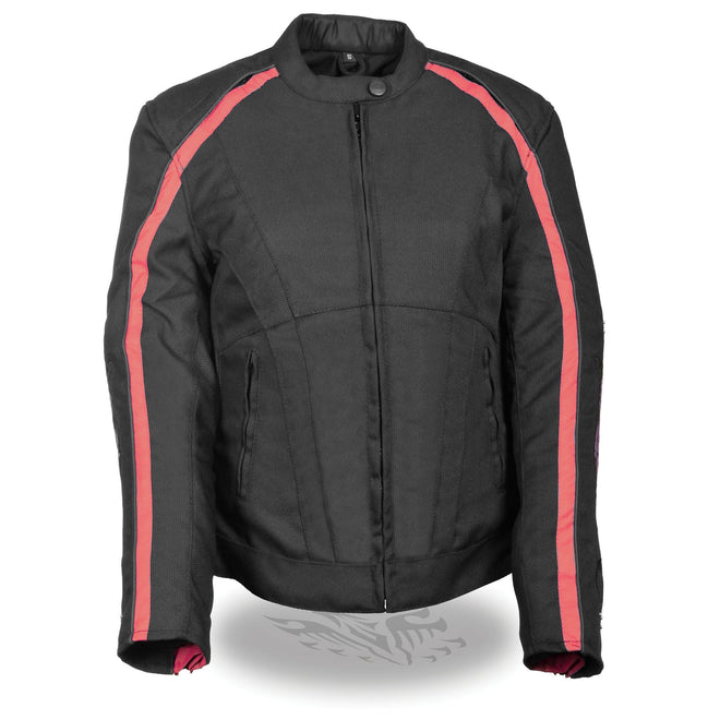 Women's textile jacket by Dynamicleather with stud accents, wing detailing, and a stylish red color.