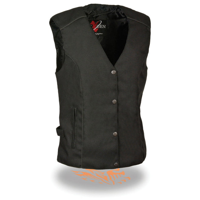 Ladies textile snap front vest with wing embroidery by HighwayLeather, featuring detailed stitching and a stylish design.
