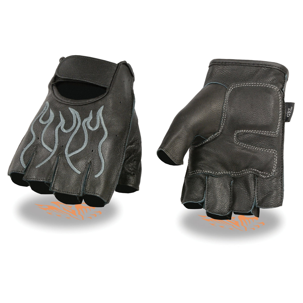 Men's Flame Embroidered Fingerless Glove w/ Gel Palm - HighwayLeather
