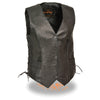 Ladies snap front vest with thin braid detailing by HighwayLeather, featuring a fitted design and front snap closures.