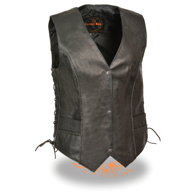 Ladies snap front vest with thin braid detailing by HighwayLeather, featuring a fitted design and front snap closures.