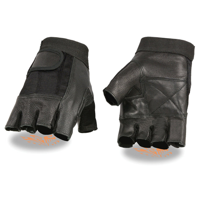 Men's leather and mesh fingerless gloves with padded palm from Dynamicleather, showing the stylish and functional design.