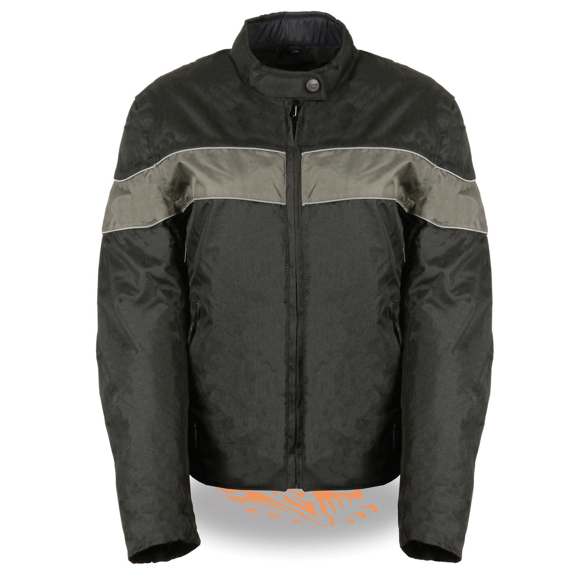 Black women's lightweight textile jacket with stretch and reflective piping by HighwayLeather, shown on a model.