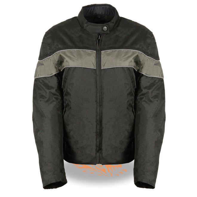 Black women's lightweight textile jacket with stretch and reflective piping by HighwayLeather, shown on a model.