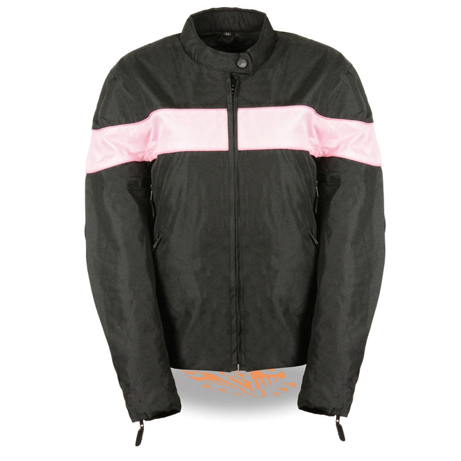 Ladies black lightweight textile jacket with stretch and reflective piping, by HighwayLeather, shown on a model.
