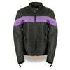 Ladies black textile jacket with stretch fabric and reflective piping, HighwayLeather women's jacket for a stylish, comfortable fit.