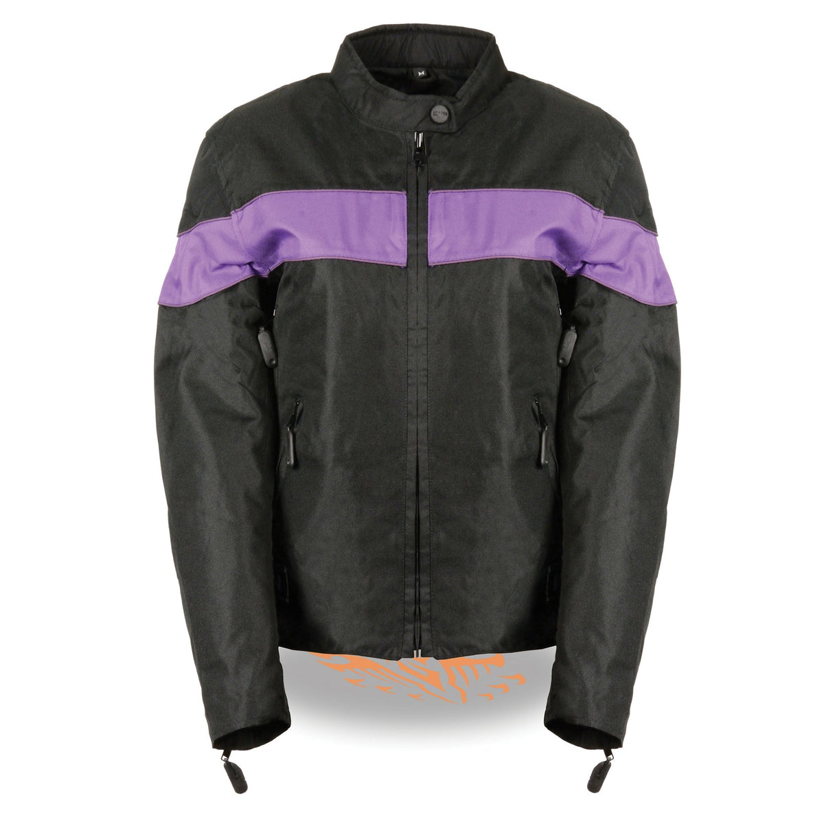 Ladies black textile jacket with stretch fabric and reflective piping, HighwayLeather women's jacket for a stylish, comfortable fit.