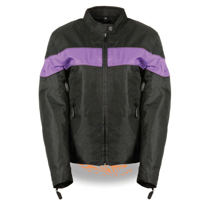 Ladies black textile jacket with stretch fabric and reflective piping, HighwayLeather women's jacket for a stylish, comfortable fit.