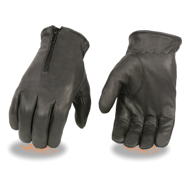 Men's thermal lined leather gloves with zipper closure by HighwayLeather, showcasing black gloves with detailed stitching and zipper accents.