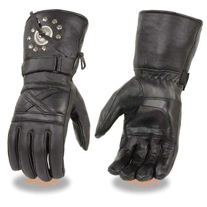 Men's leather gauntlet gloves with studs and conchos, featuring a rugged, stylish design by HighwayLeather.