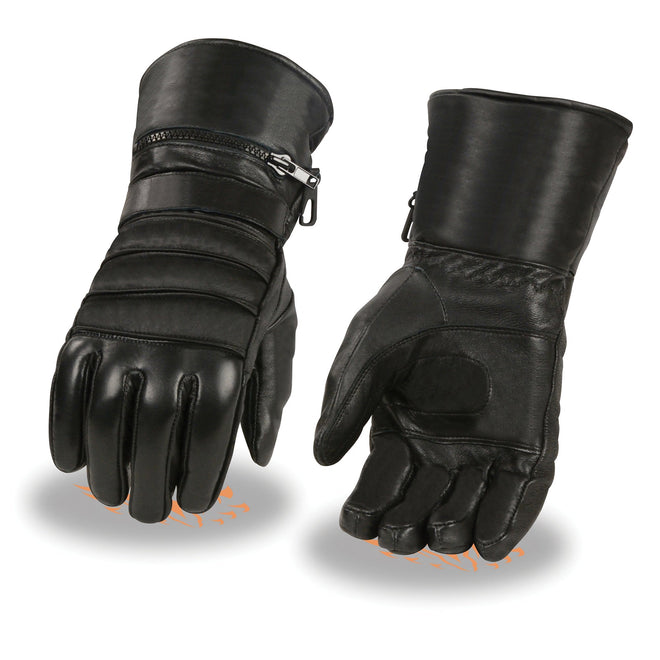 HighwayLeather men's leather gauntlet gloves with suede palm and rain mitten, showing durable craftsmanship and classic style.