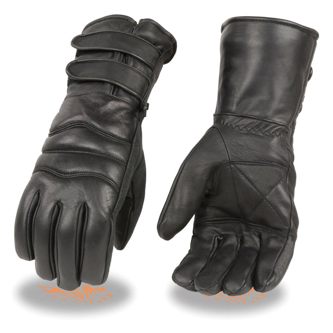 HighwayLeather men's leather gauntlet gloves with long double strap cuff, showcasing durable leather construction and secure fit.