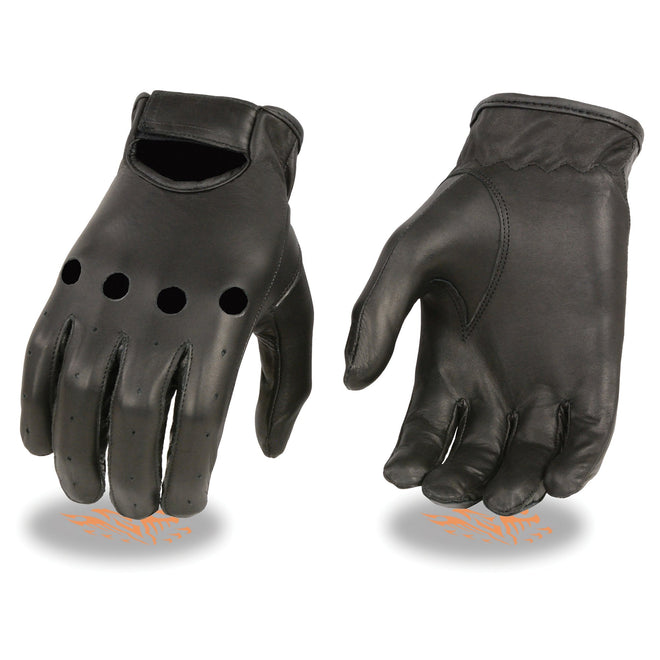Men's unlined leather driving gloves by HighwayLeather, classic style with detailed stitching and open-finger design.