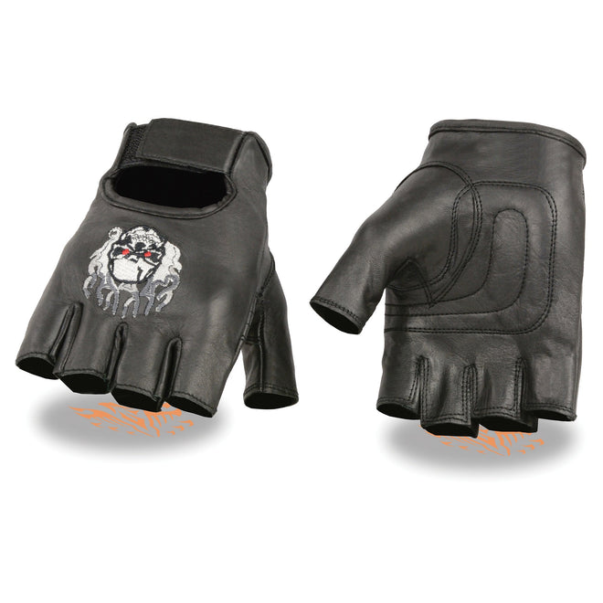 Men's leather fingerless gloves with flaming skull embroidery, HighwayLeather gloves for a bold, edgy style.