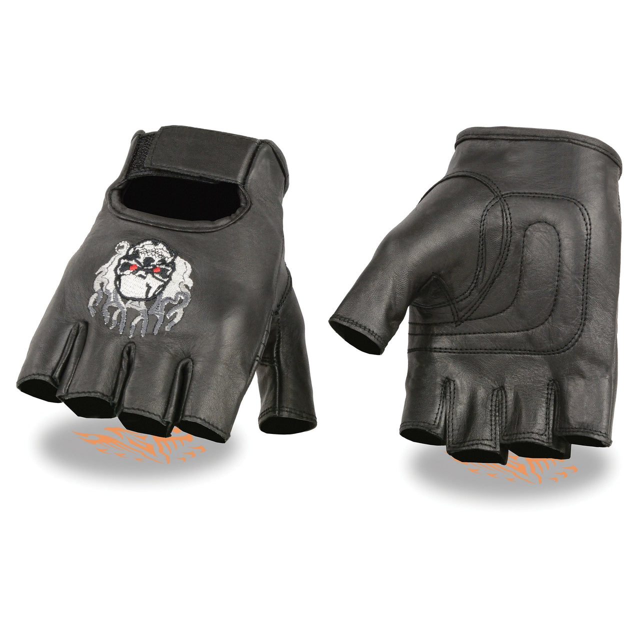 Men's Leather Fingerless Glove w/ Flaming Skull Embroidery - HighwayLeather