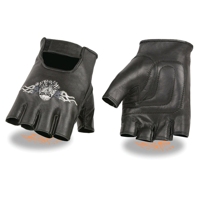 Men's leather fingerless glove with eagle head embroidery from HighwayLeather, showcasing detailed craftsmanship and rugged style.