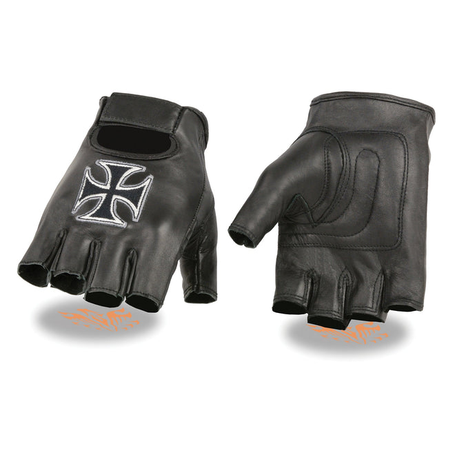 Men's leather fingerless glove with iron cross embroidery, stylish HighwayLeather gloves for a rugged look.