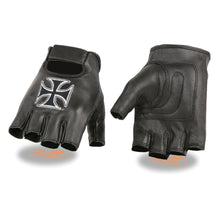 Men's Leather Fingerless Glove w/ Iron Cross Embroidery - HighwayLeather