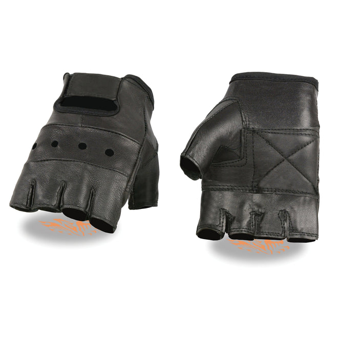 HighwayLeather men's leather fingerless glove with gel palm, showing the textured leather and padded palm for grip and comfort.