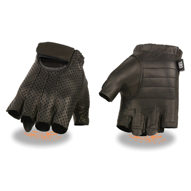 Men's perforated fingerless gloves with gel palm by HighwayLeather, showing breathable design and padded grip for comfort.