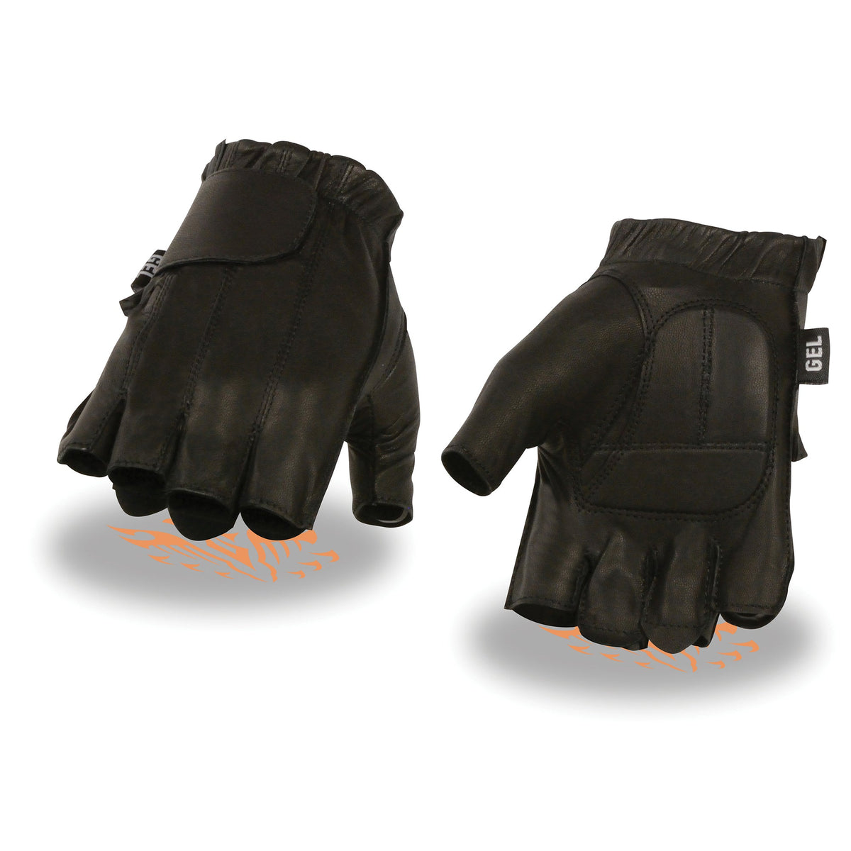 Men's full panel fingerless gloves with gel palm from Dynamicleather, showing the padded palm and breathable fingerless design.