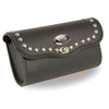 Large PVC studded windshield bag with turn clasp, black clip-style thigh fan bag by Dynamicleather, measuring 10x5x3 inches.