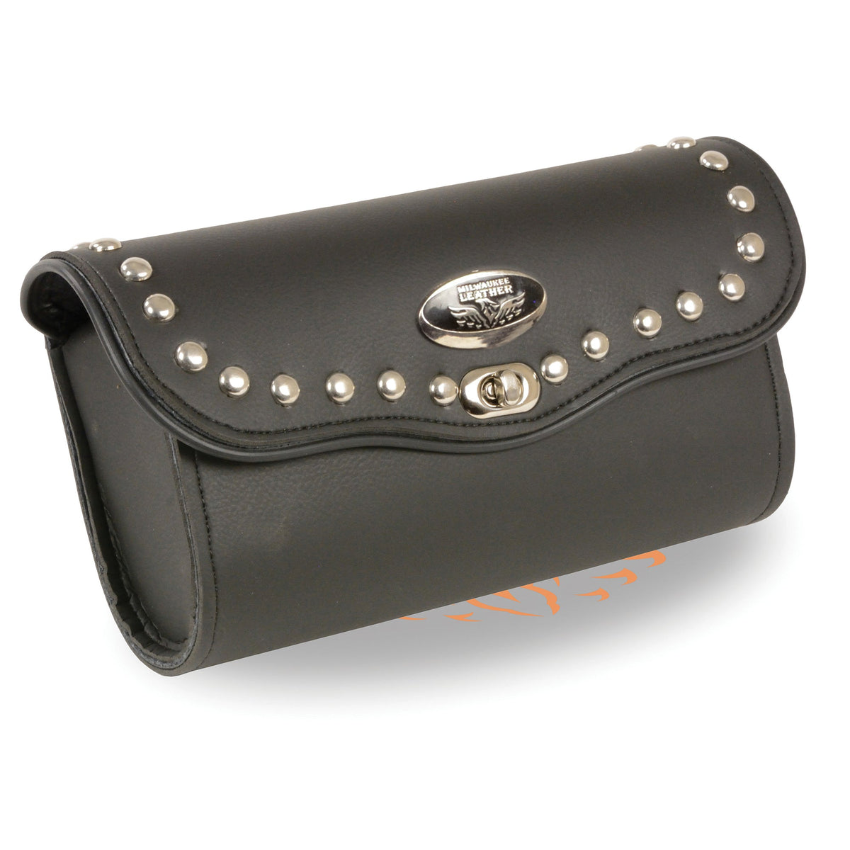 Large PVC studded windshield bag with turn clasp, black clip-style thigh fan bag by Dynamicleather, measuring 10x5x3 inches.