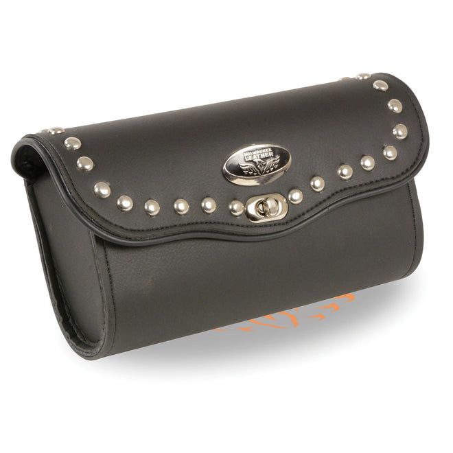 Large PVC studded windshield bag with turn clasp, black clip-style thigh fan bag by Dynamicleather, measuring 10x5x3 inches.
