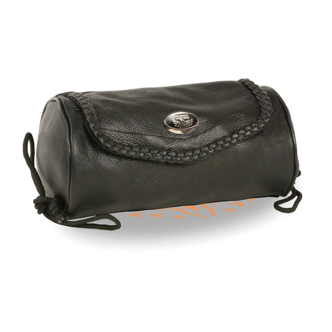 Medium soft leather braided tool pouch by HighwayLeather, clip/thigh/fan bag with 9x4x4 inch dimensions, shown in natural leather finish.