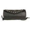 Large soft leather braid and stud tool pouch by Dynamicleather, with clip, thigh strap, and fan bag design, shown in black.