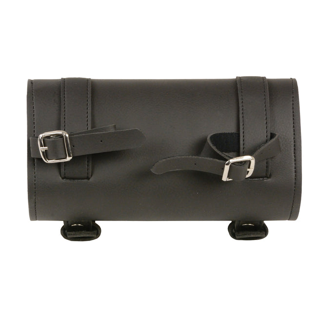 HighwayLeather large double buckle PVC tool bag with quick release, designed for clip, thigh, fan, or bag use, measuring 10x4.5x3.25 inches.
