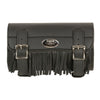 Large leather tool bag with two buckles and fringe, featuring quick-release clips, designed for clip, thigh, fan, or bag use by Dynamicleather.