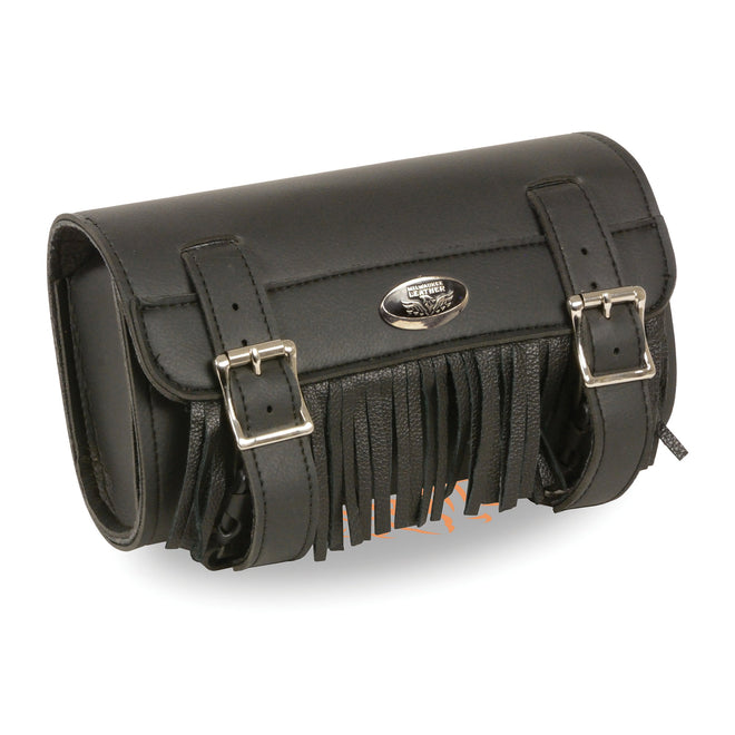 Large HighwayLeather PVC tool bag with two buckles, fringed design, quick-release, suitable for clip, thigh, fan, or bag use.
