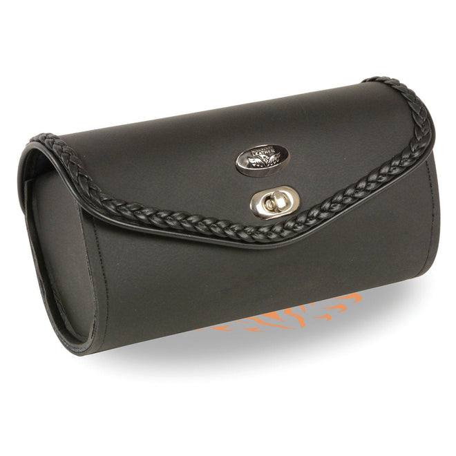 Large PVC braided windshield bag with turn clasp, highway leather clip/thigh/fan bag, 10x4.5x3.25 inches, durable and stylish.