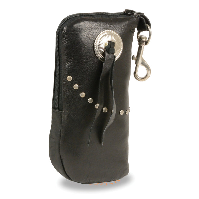 Dynamicleather leather zippered eye glass case with studs and belt clasp, 7.5x6 inch waist loop hip pouch, stylish and functional.