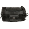 HighwayLeather leather roll bag mounted on a sissy bar, biker bag with 14x10x10 inch dimensions, suitable for motorcycle storage.