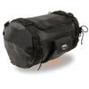 HighwayLeather leather roll bag attached to sissy bar for bikers, dimensions 14x10x10, durable motorcycle bag for riders.